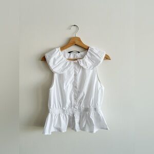 White Cotton Sleeveless Poplin Tank Blouse with Ruffled Collar